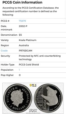2002 $5 Australia 1/20 Oz Platinum Proof Koala Coin • PR70 POP 1 • 714 MINTED - Image 1 of 3
