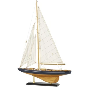 Wood Sail Boat Decorative Sculpture Home Decor Statue with Beige and Navy Acc... - Picture 1 of 9