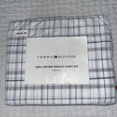 NEW Tommy Hilfiger NEWTON  Plaid TWIN XL Cotton Percale  Sheet Set Gray Blue - Image 1 of 4