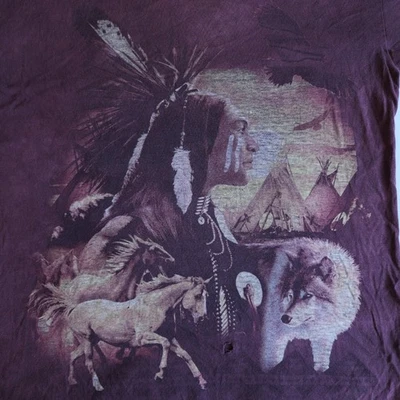 Vintage 90's The Mountain Native American Horses Wolf Nature Lrg Graphic T-Shirt - Image 1 of 4