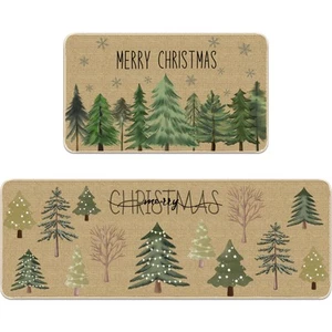 Christmas Kitchen Rugs Set of 2 Merry Christmas Tree Kitchen Mats Winter Holi... - Picture 1 of 7