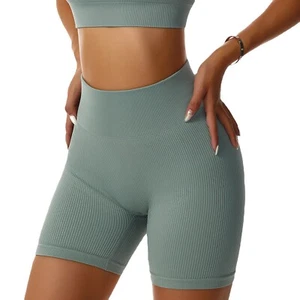 Pantaloncini donna vita alta elasticizzati senza cuciture pantaloncini a costine controllo pancia pantaloni yoga - Foto 1 di 33