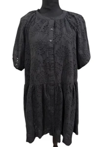 Terra & Sky Womens Dress Size 1X Black Eyelet Short Sleeves Dropped Waist Button - Picture 1 of 6