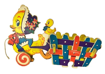 Pato Dolly Toy Co vintage con carro (329) muy colorido faltan ruedas traseras Foto 1 de 4