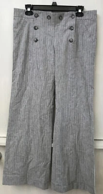 Calça Topshop cinza listra de giz perna larga botão para cima mistura de linho tamanho 8 nova com etiquetas - Imagem 1 de 4