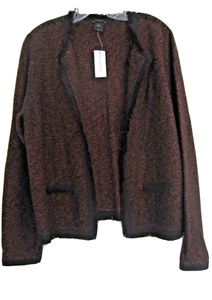 Women's Ann Taylor F. Knit Open Cardigan textured Pocket/Edges Black/Rust L NWT - Picture 1 of 4