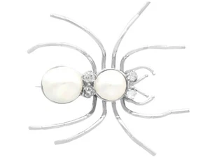 Cultured Pearl and 0.52ct Diamond, 18ct White Gold Spider Brooch - Antique - Picture 1 of 10
