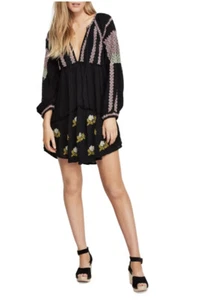 Free People Womens Wild Horses Long Sleeves Embroidered Mini Dress Black Medium - Picture 1 of 4