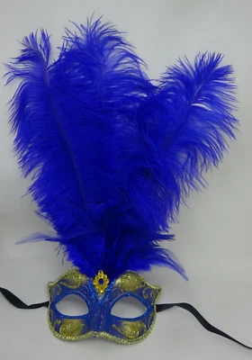  FEATHER MASK BLUE & GOLD VENETIAN MASQUERADE BALL CARNIVAL PARTY EYE  FACE MASK - Image 1 of 4