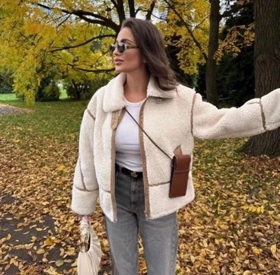 ZARA NEW WOMAN SS24 ECRU DOUBLE-FACED FAUX SHEARLING JACKET Size M REF:6318/267 - Image 1 of 4