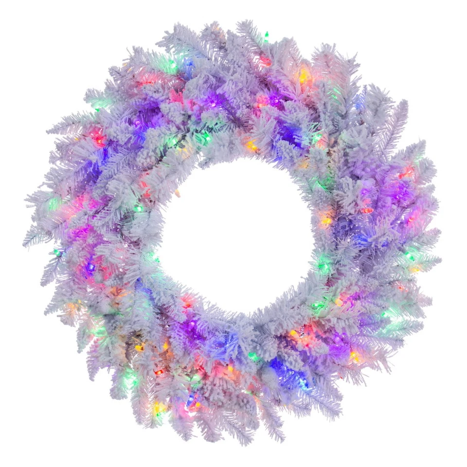 Флокированный белый венок Vickerman 24 разноцветные светодиодные мини-лампы с подсветкой Dura - Изображение 1 из 1