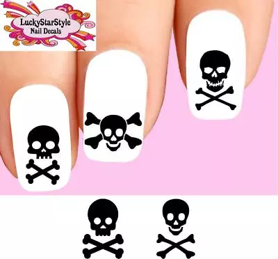 HANDMADE Waterslide Skull Nail Decals Set of 20 - Black Skull Cross Bones Assorted