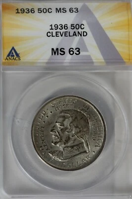1936  .50   ANACS  MS 63  CLEVELAND  Classic Silver Commemorative Coin - Image 1 of 2