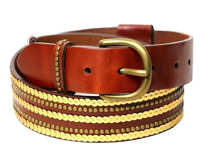Express BROWN GENUINE LEATHER 1.5"Wd GOLD SEQUINS STUDDED CASUAL BELT S/M (B13 - Image 1 of 4