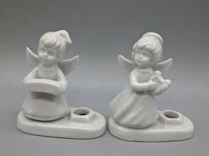 2 VTG LENOX CANDLE HOLDERS MUSICAL ANGELS ACCORDION AND HARP WHITE PORCELAIN - Picture 1 of 8