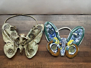 Paar 2 Schmetterlinge Keramik Wandtasche Schmetterling Kunstkeramik signiert Mängel Boho - Bild 1 von 17