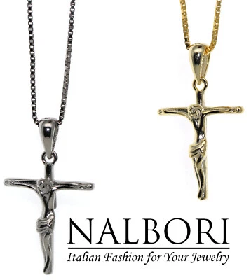 collana ciondolo croce tutto vero argento 925 bagno oro giallo bianco crocefisso - Immagine 1 di 4