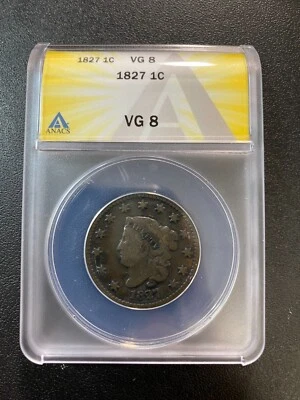 1827 CORONET HEAD LARGE CENT ANACS VG-8 - CORONET LARGE CENT -CERTIFIED SLAB -1C - Image 1 of 2
