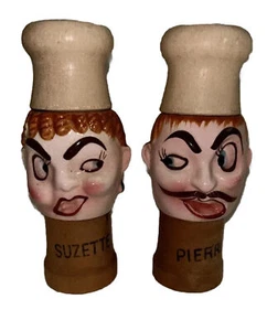 Vtg S&P shakers Suzette & Pierre snarky CHEF Salt & Pepper Wood & Ceramic - Picture 1 of 9