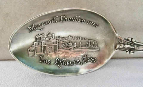 1910 LOS ANGELES "MISSION FOUNDED 1814" CALIFORNIA PICTORIAL STERLING SOUV SPOON Cover