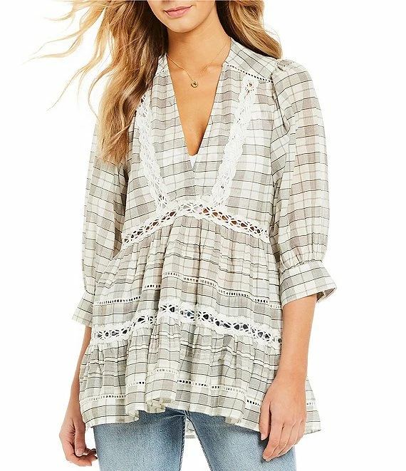 People White Black Time out Plaid Lace Babydoll Hi Lo Tunic Top S