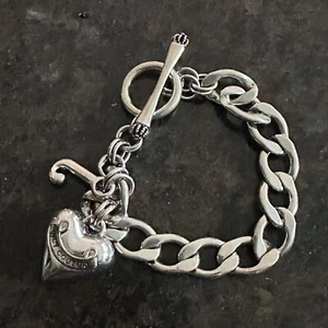 Vintage Juicy Couture Puff Heart & J Charm Silver Tone Toggle Bracelet 7” - Picture 1 of 8
