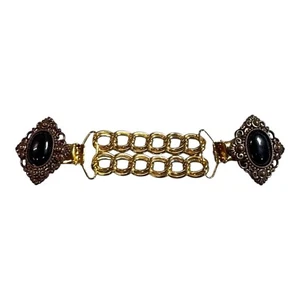 Vintage Art Deco Ornate Gold Black Chain Sweater Cardigan Clip Filigree Stone - Picture 1 of 9
