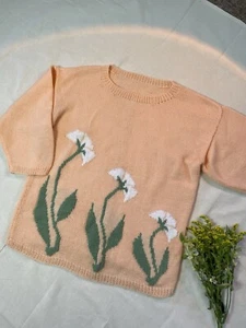 Size 2XL 14-20 Peach Spring Flower Hand Knitted Jumper - Picture 1 of 8