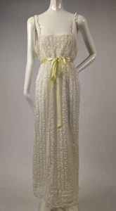 VINTAGE 1970’S RUFFLED LACE + YELLOW NYLON DRESS W SATIN RIBBON BELTING - Picture 1 of 9