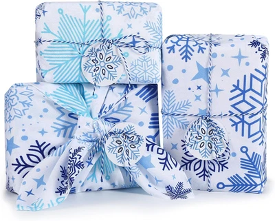 3 Piezas 26"" Reutilizable Envoltura de Regalo de Navidad con Etiquetas y Cuerdas Azul Copos de Nieve Re Foto 1 de 4