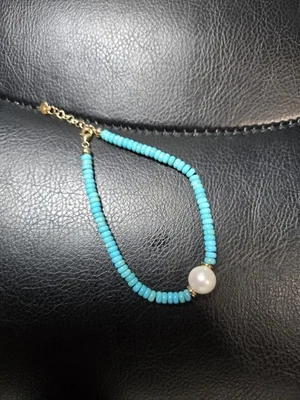 14k Yellow Gold Blue Sleeping Beauty Turquoise With Cultured FW Pearl Bracelet - Image 1 of 4