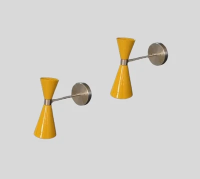 Mid Century Pair of Yellow Cone Shade with Brushed Chrome Finish - Italian Wall - Image 1 of 4