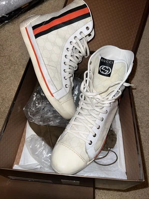 White Orange And Blue Coated Canvas Gucci Hi Top Sneakers - Image 1 of 4