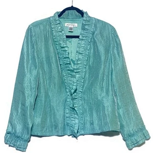 Rafael Turquoise Jacket Women's Size 14 Lightweight Lined Ruffled Trim Front Tie - Picture 1 of 8