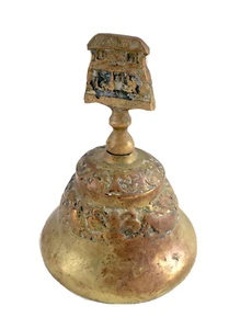 Campana de cena de latón fundido en bajorrelieve de colección con mango de templo/edificio, asiática 4-1/4" - Imagen 1 de 7
