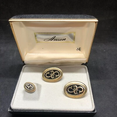 Abotoaduras ovais vintage ANSON preto e dourado tom e gravata tac com design de pergaminho com caixa - Imagem 1 de 4