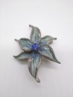 Vintage Blue Starburst Lily Silver Tone Crystal & Enamel Pendant Brooch 2"