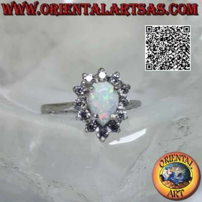 Anello in argento 925 ‰ opale arlecchino a goccia incastonato contornato da zirc - Immagine 1 di 4