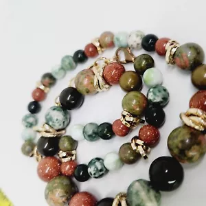 Vtg Semi Precious Natural Stone Beaded Ball Necklace Goldstone Unakite Gold Tone - Picture 1 of 8
