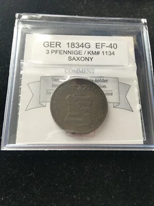 1834G Germany, Saxony, 3 Pfennige, Coin Mart Graded **EF-40** KM# 1134 - Picture 1 of 5