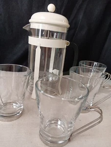 French Coffee Press w/ 4 Bormioli Rocco Italy Coffee Cups 6 ounce MCM - Picture 1 of 8