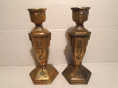 Paire de chandeliers religieux  anciens en bronze doré   Début XXe siècle - Photo 1/4