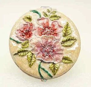 Dual Compact Purse Mirror Colorful Pink Flower Round style white Cream base - Picture 1 of 5