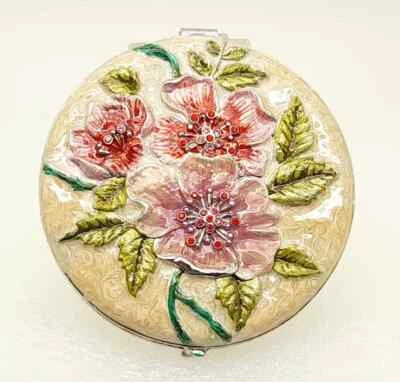  Dual Compact Purse Mirror Colorful Pink Flower Round style white Cream base - Image 1 of 4