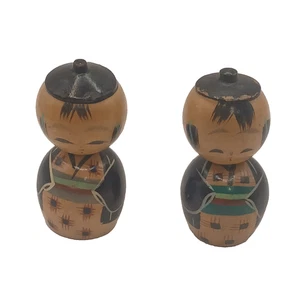 Vintage Set 2 Japanese Kokeshi Doll Hand Painted Kimono Figurine Wood 3" Tall - Picture 1 of 7