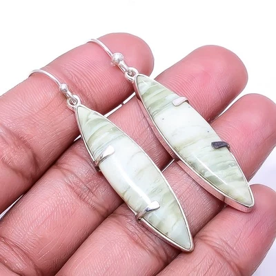 Natural Serpentine -Russia 925 Sterling Silver Earring 2.34" E52, Christmas Gift - Image 1 of 4