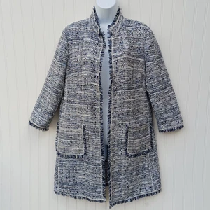 Neiman Marcus Exclusive Gr. M Tweed Open Front Jacket Fransenbesatz blau - Bild 1 von 9