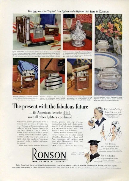 Encendedor publicitario impreso Ronson 1952 8 modelos Queen Anne Whirlwind Spartan Gloria Pal  Foto 1 de 1