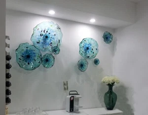 1PC Aqua Teal Fleaks Wall Mounted Art Decor Platter Handmade Glass Plate D12" - Picture 1 of 19