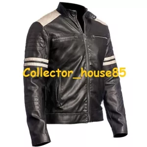 Men Jacket Black White Stripe Lambskin Leather Biker Motorcycle Designer CH 353 - Picture 1 of 4